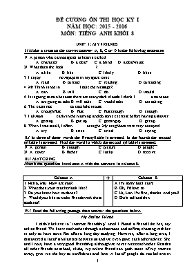 Đề cương ôn thi học kỳ I môn Tiếng Anh Lớp 8 - Năm học 2015-2016